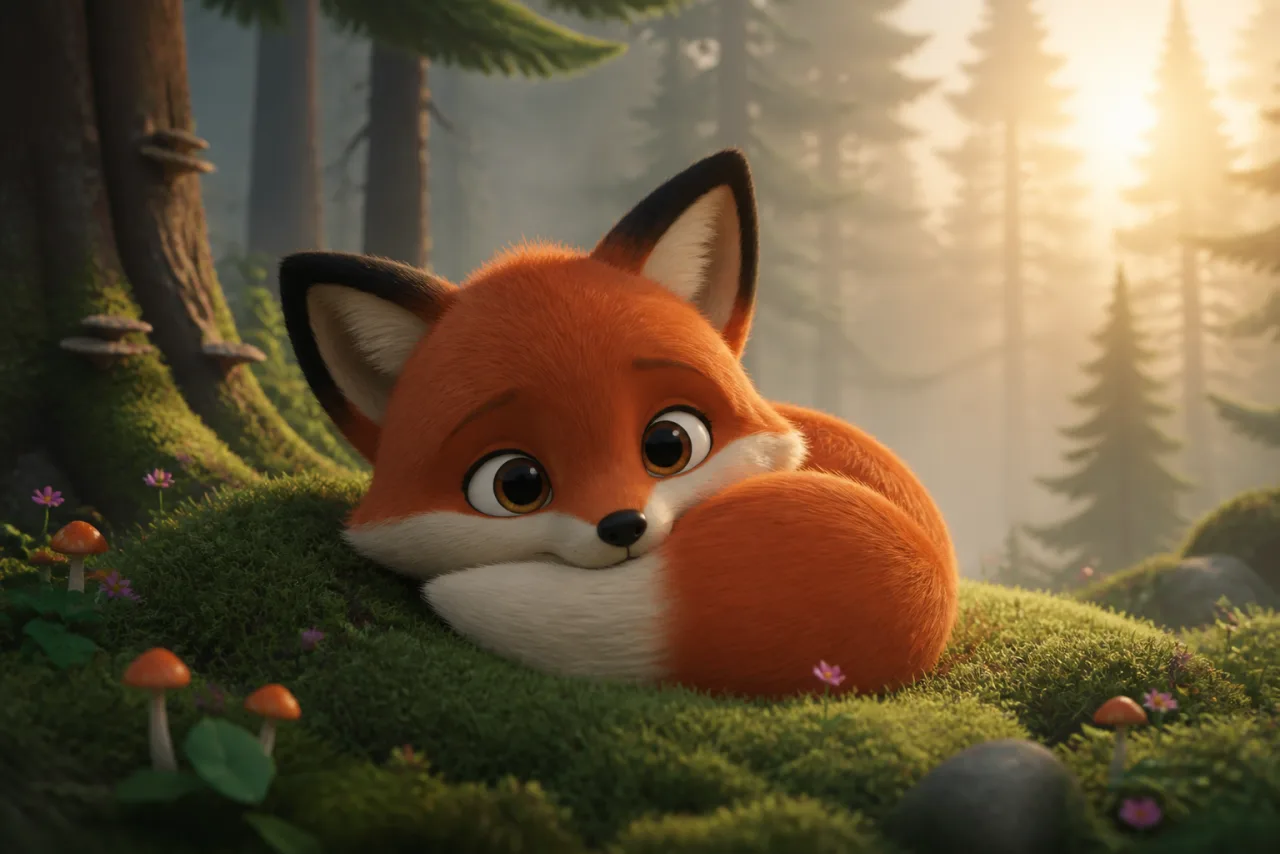 Stylized 3D render of a cute red fox curled on a mossy forest floor