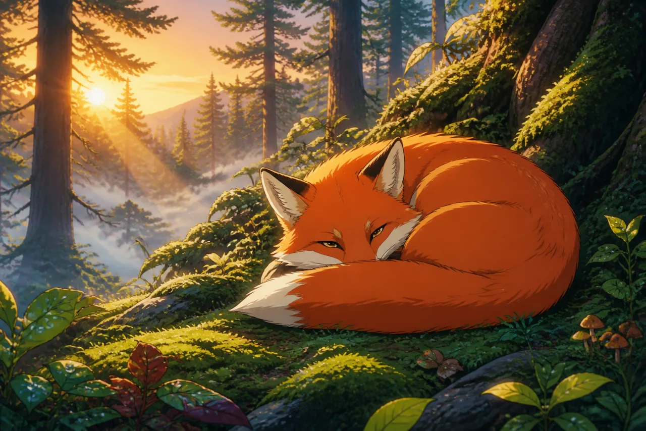 Anime illustration of a red fox curled on a mossy forest floor at dawn