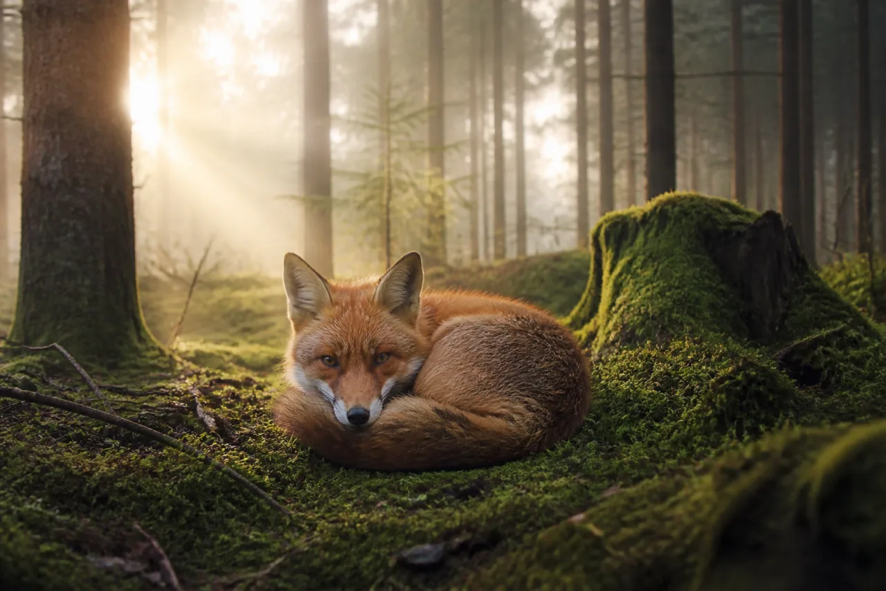 Photorealistic photo of a red fox curled on a mossy forest floor at dawn