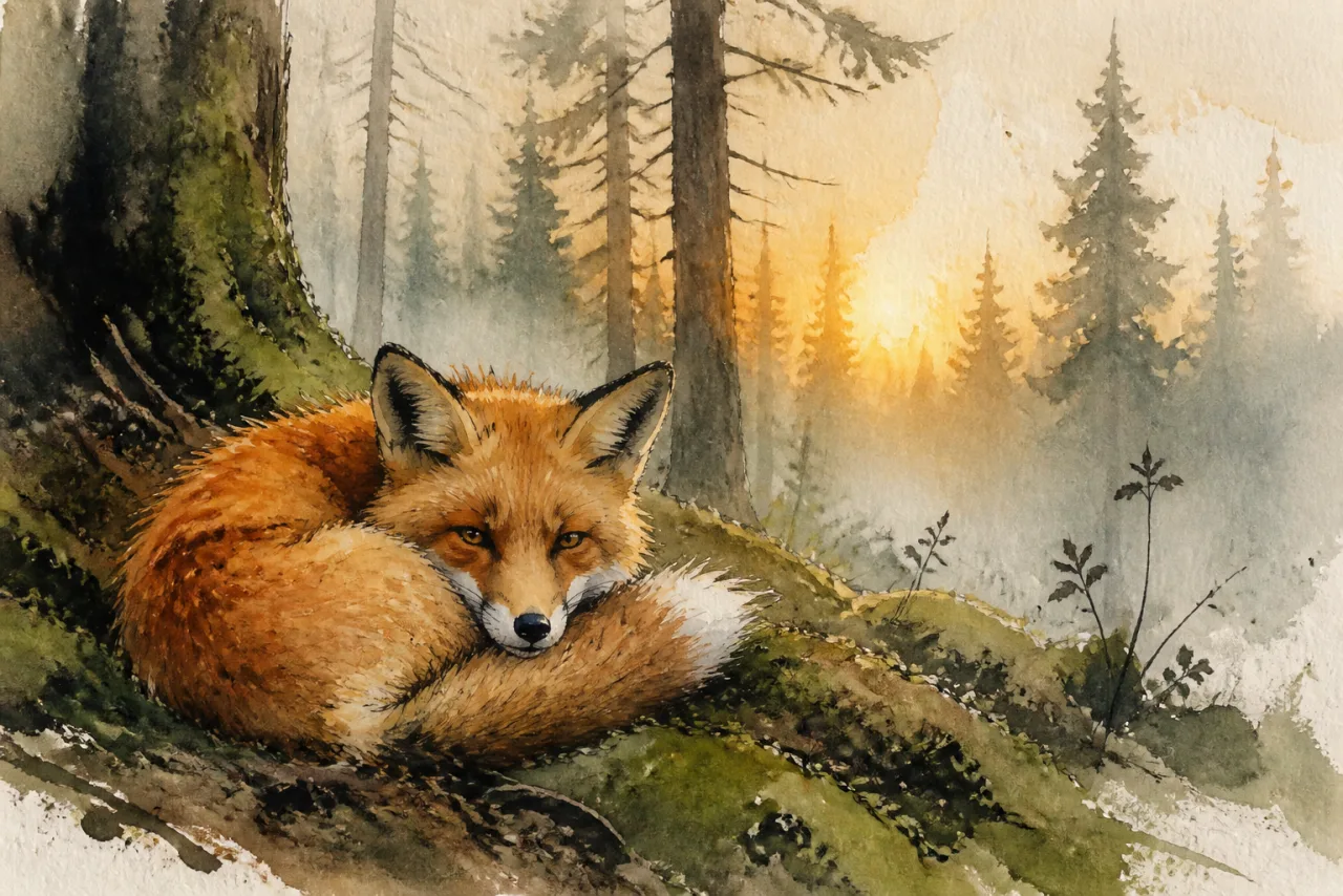 Watercolor painting of a red fox curled on a mossy forest floor at dawn