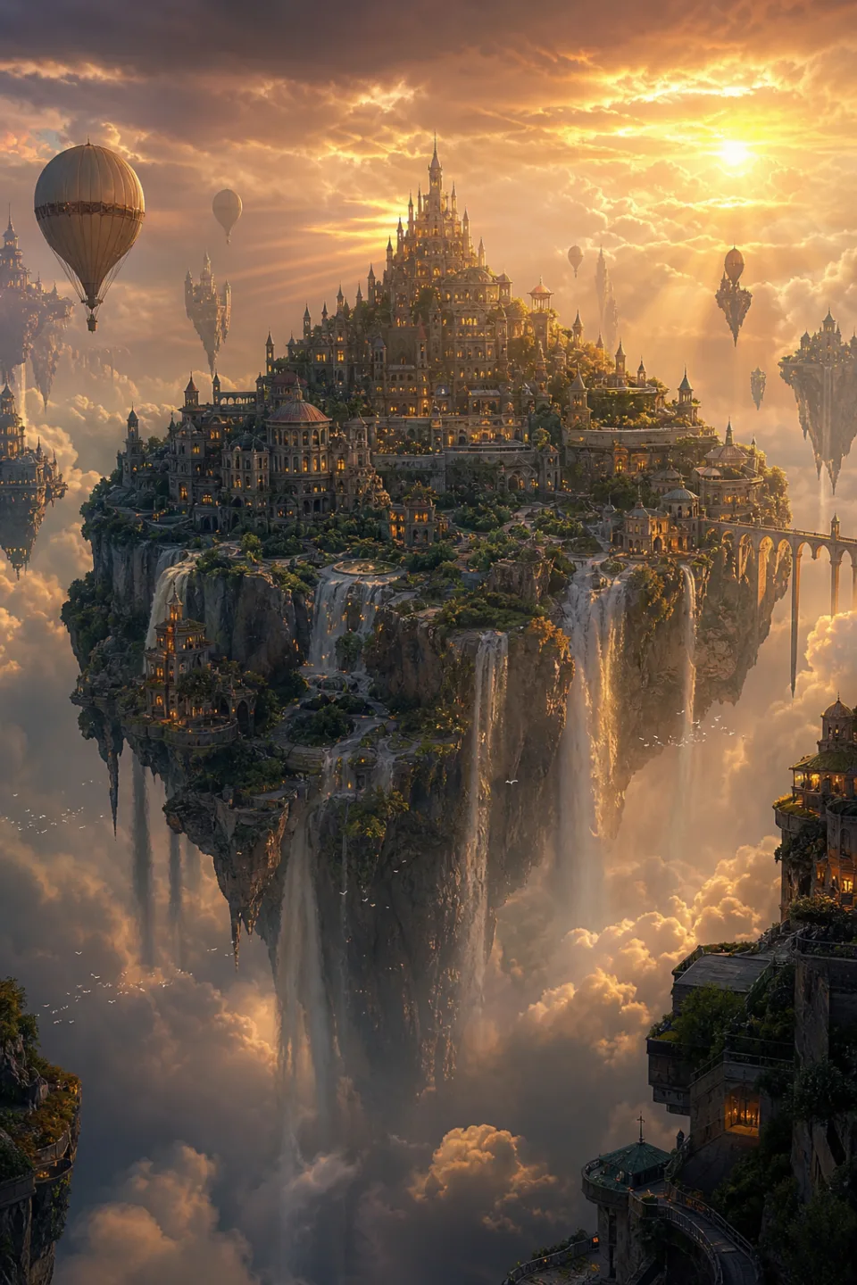 Surreal floating island city at golden hour with waterfalls pouring into clouds